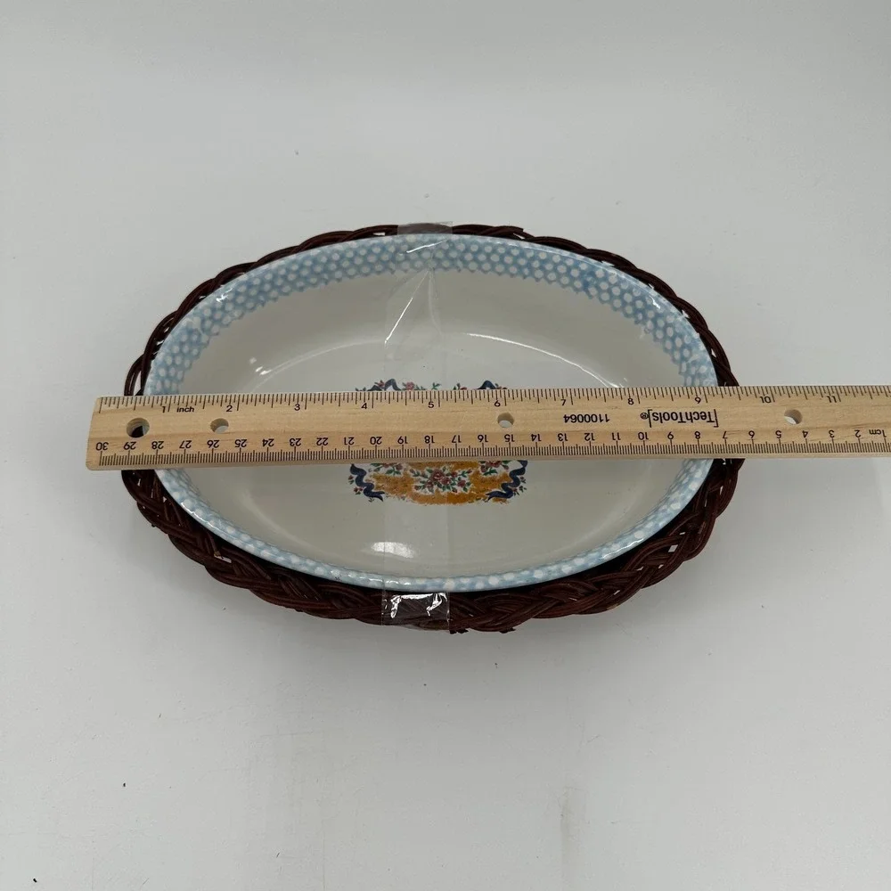 Oval Ceramic Baking Dish Wicker Basket Carrier Country Cottage Blue Polka Dot